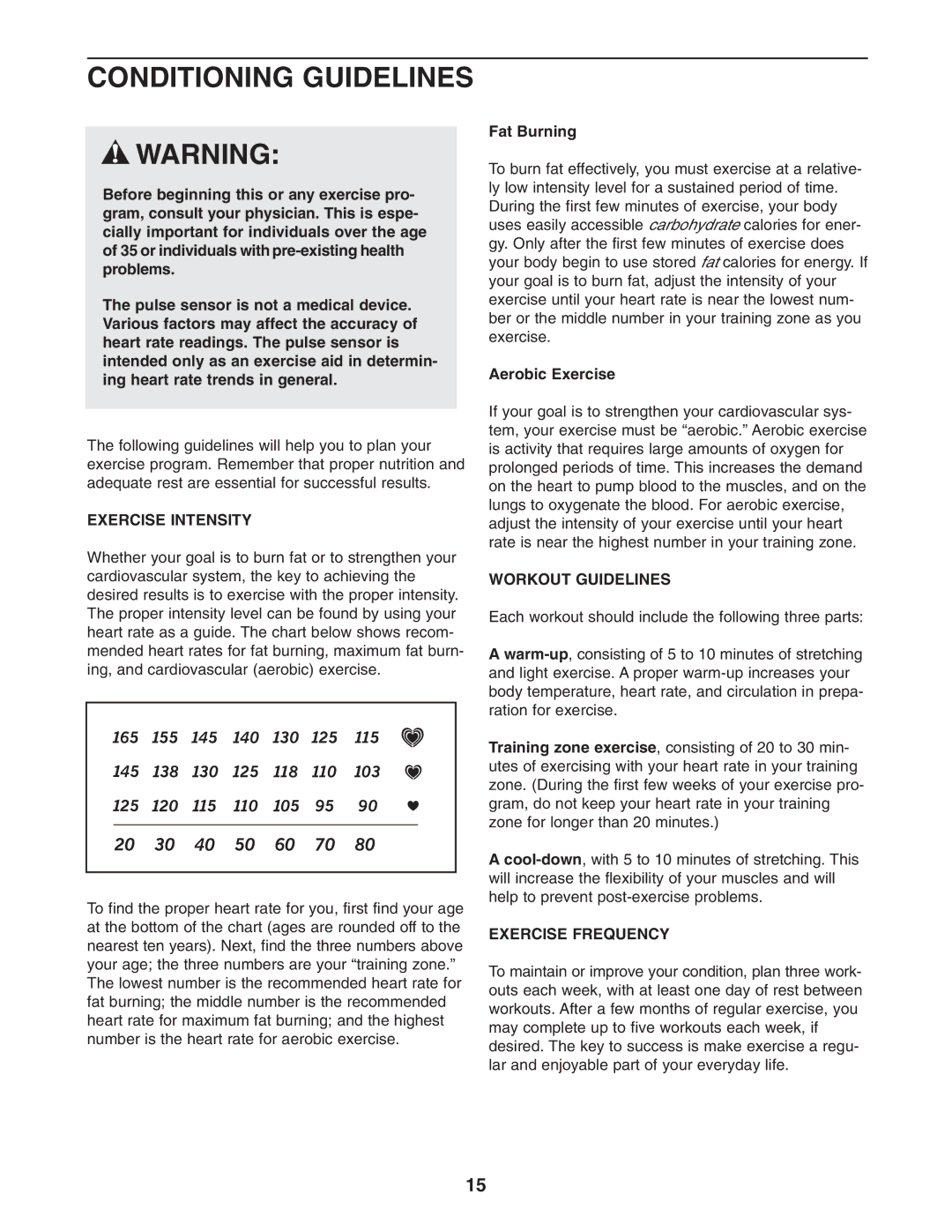 Healthrider HRMSEL2105.0 manual Conditioning Guidelines, Exercise Intensity, Workout Guidelines, Exercise Frequency 