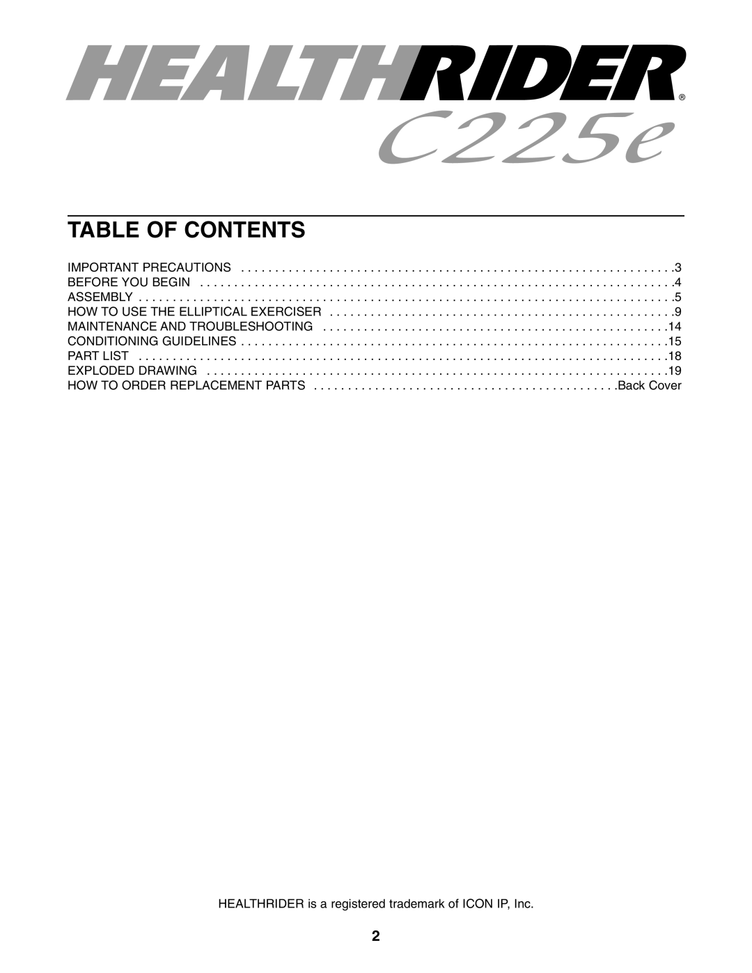 Healthrider HRMSEL2105.0 manual Table of Contents 