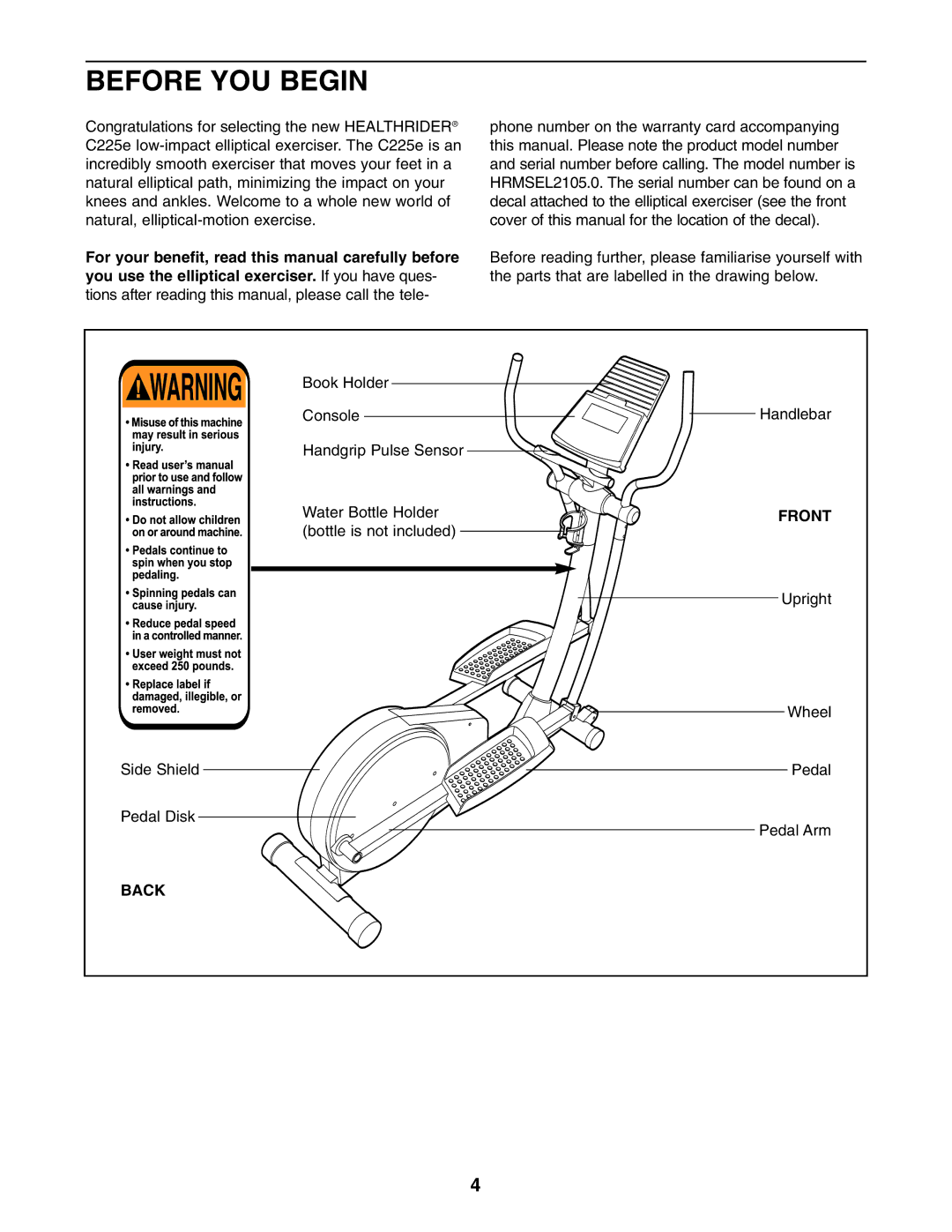 Healthrider HRMSEL2105.0 manual Before YOU Begin, Front, Back 