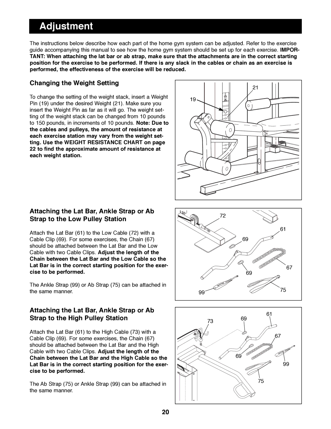 Healthrider HRSY23080 manual Adjustment, Changing the Weight Setting 