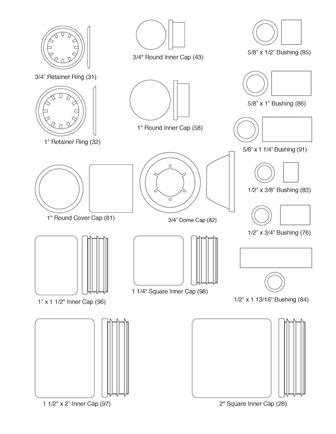 Healthrider HRSY23080 manual 2Ó x 3/4Ó Bushing 4 Square Inner Cap 1Ó x 1 1/2 Inner Cap 