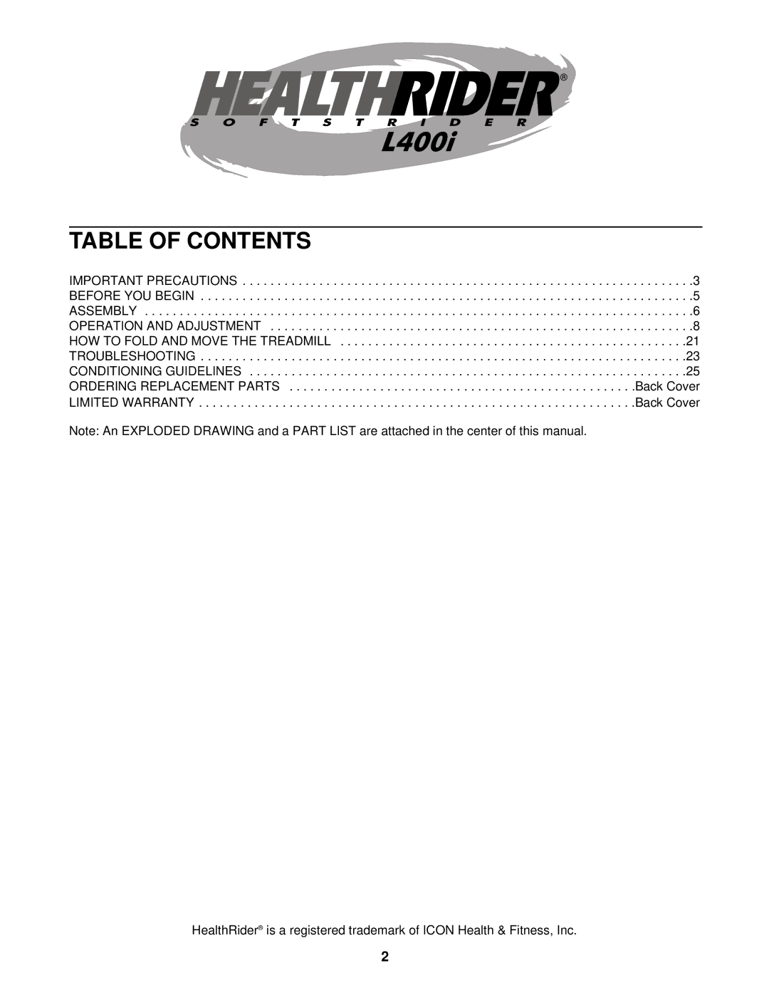 Healthrider HRT07921 manual Table of Contents 