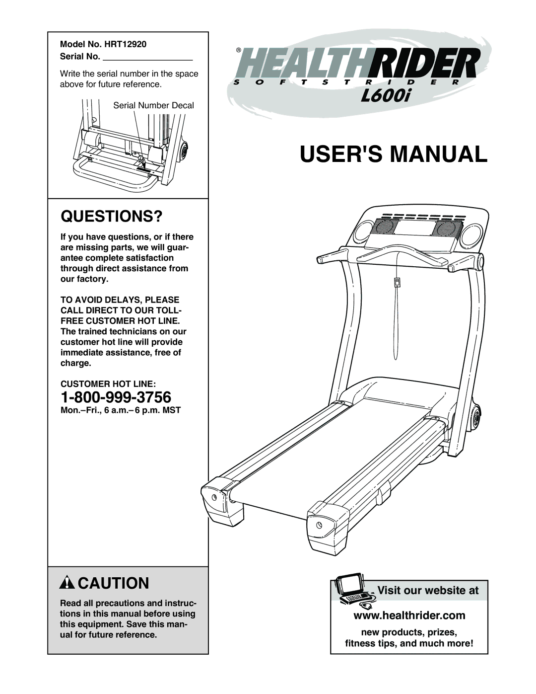 Healthrider manual Questions?, Model No. HRT12920 Serial No, Customer HOT Line 