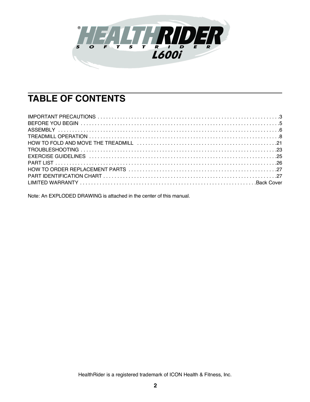 Healthrider HRT12920 manual Table of Contents 