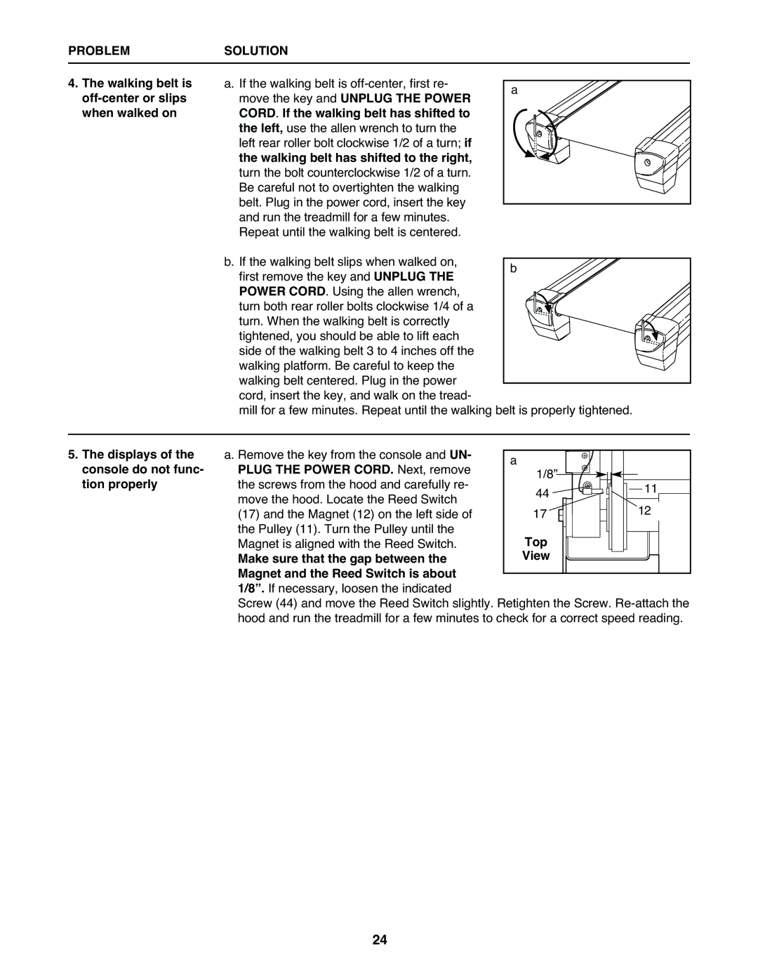 Healthrider HRT12920 manual Walking belt is off-center or slips when walked on, Plug the Power CORD. Next, remove, Top 