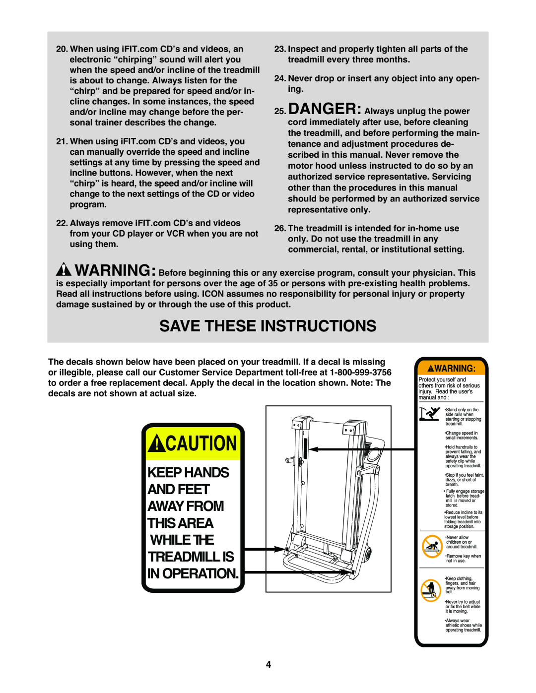 Healthrider HRT12920 manual Save These Instructions, Never drop or insert any object into any open- ing, In Operation 