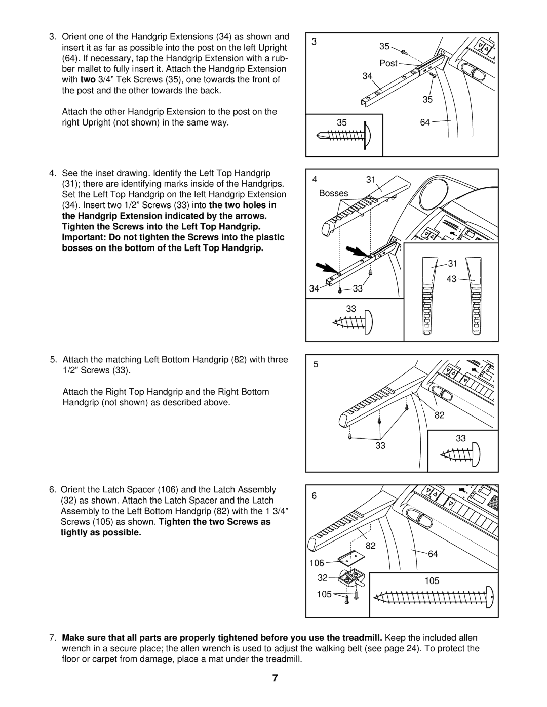 Healthrider HRT99020 manual Insert two 1/2 Screws 33 into, Screws 105 as shown, Tightly as possible, Post, 106 105 