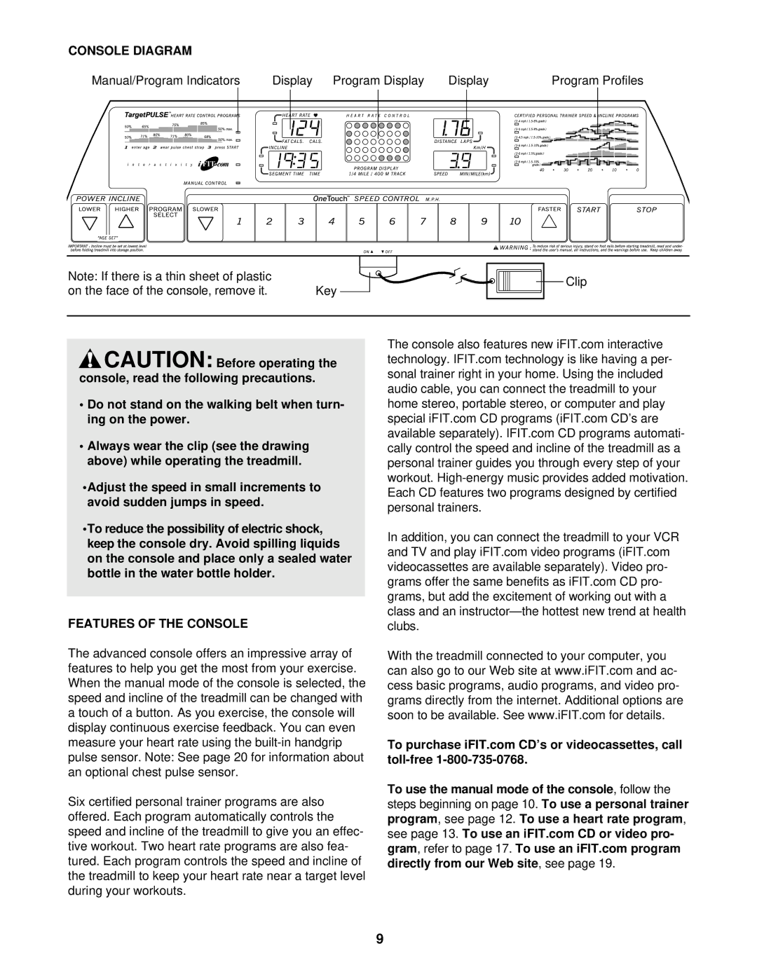 Healthrider HRT99020 manual Console Diagram, To reduce the possibility of electric shock, Features of the Console 