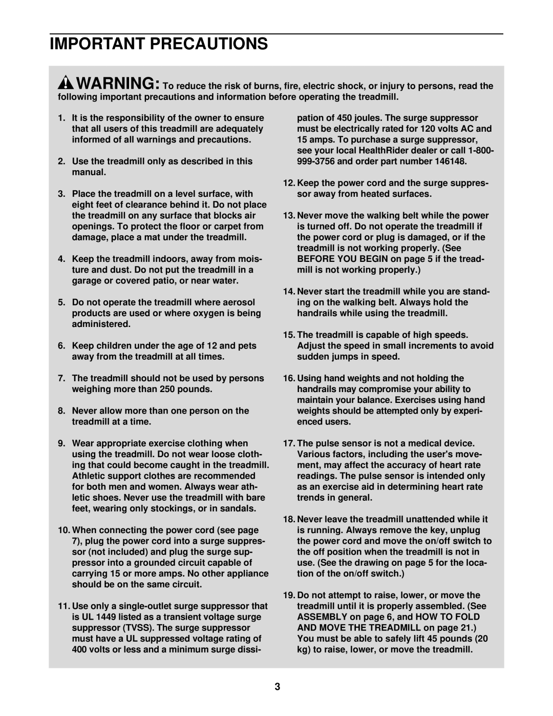 Healthrider s300i, HRTL05910 manual Important Precautions 