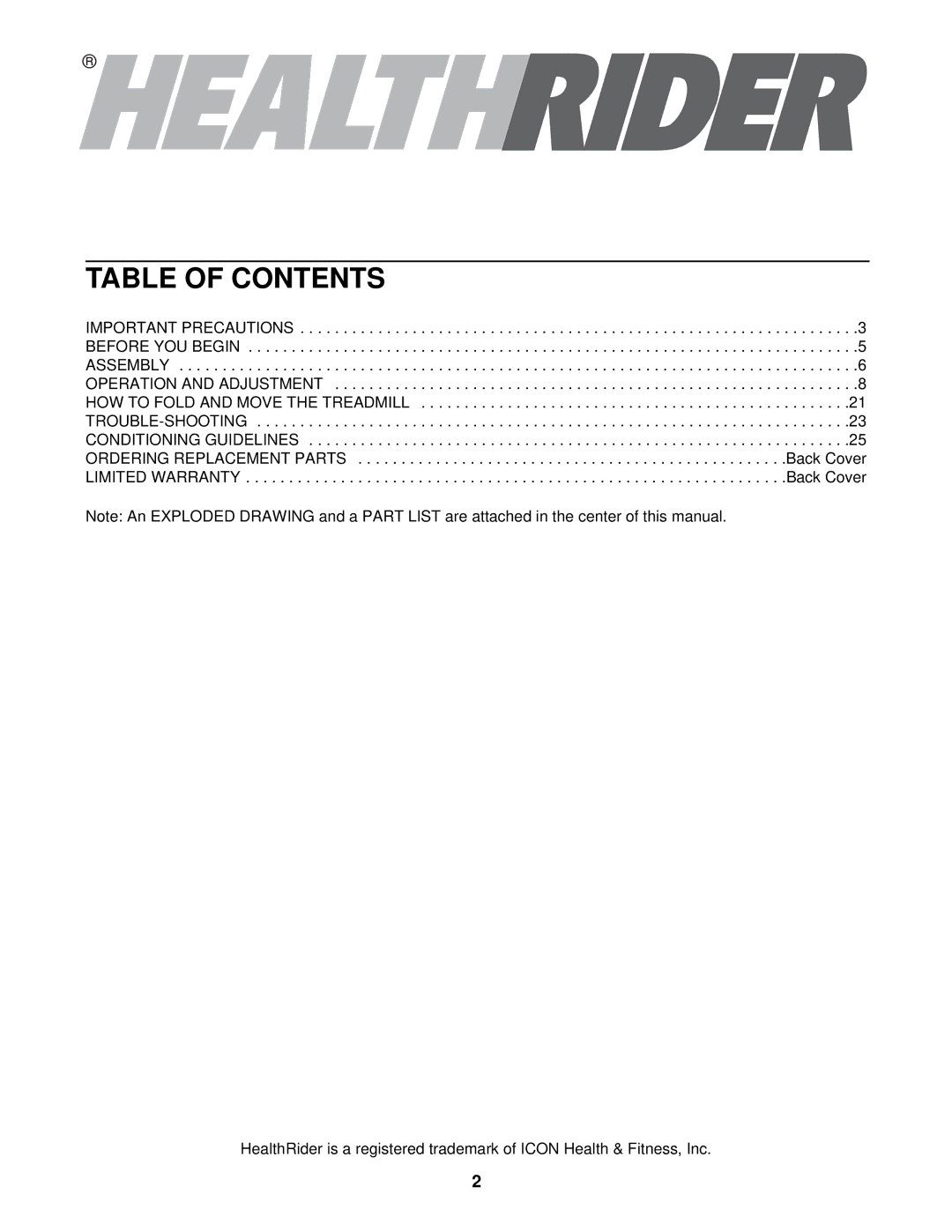 Healthrider HRTL0591R0 manual Table of Contents 