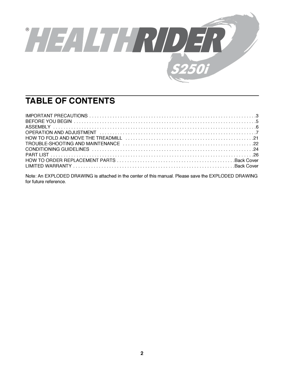 Healthrider HRTL06900 manual Table of Contents 