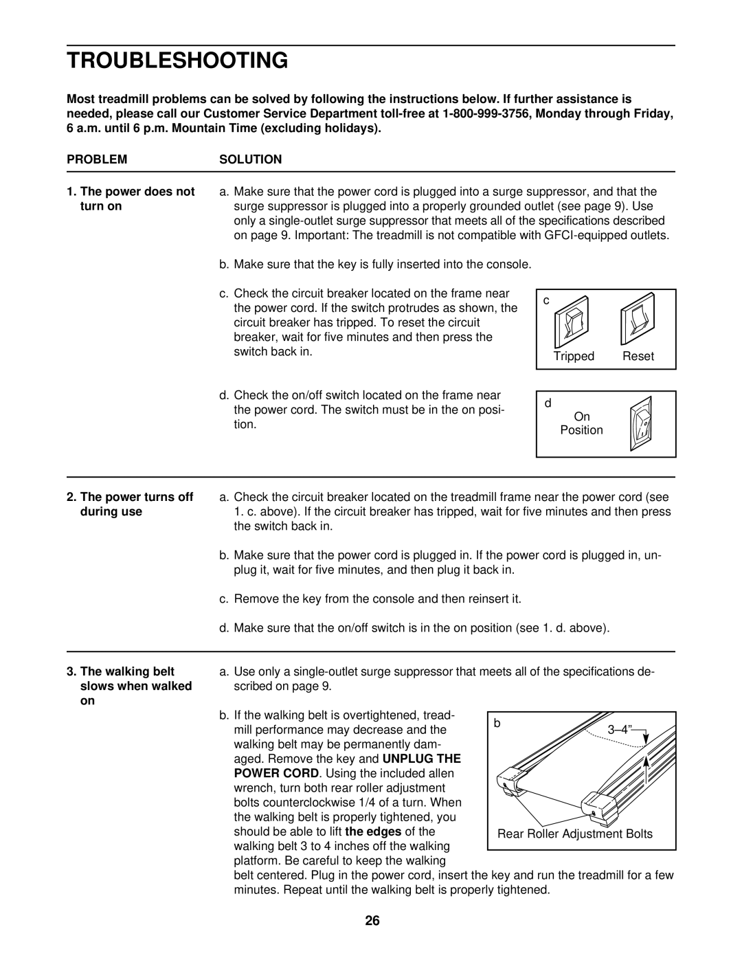 Healthrider HRTL07120 manual Troubleshooting, Problemsolution, Unplug Power Cord 