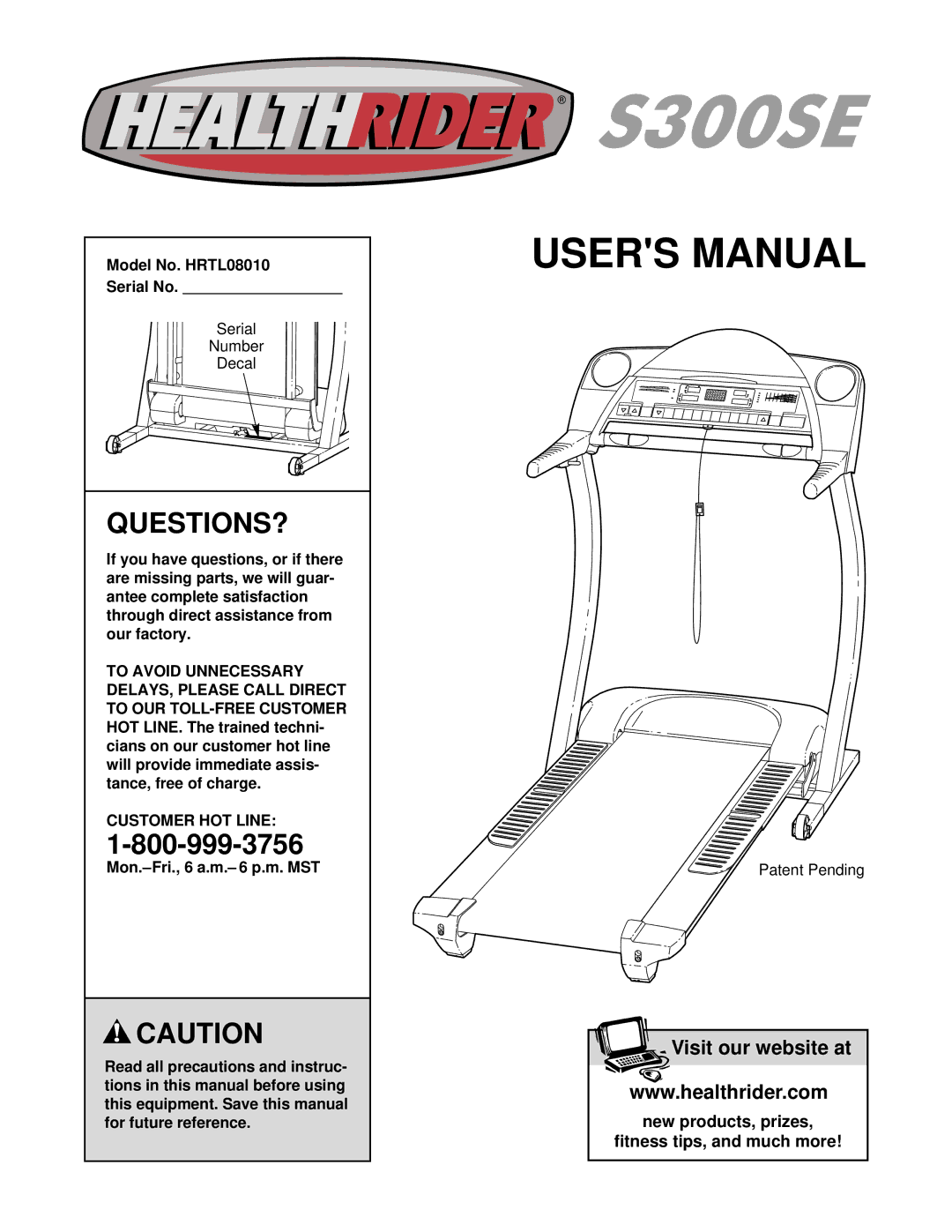 Healthrider manual Questions?, Model No. HRTL08010 Serial No, Customer HOT Line 