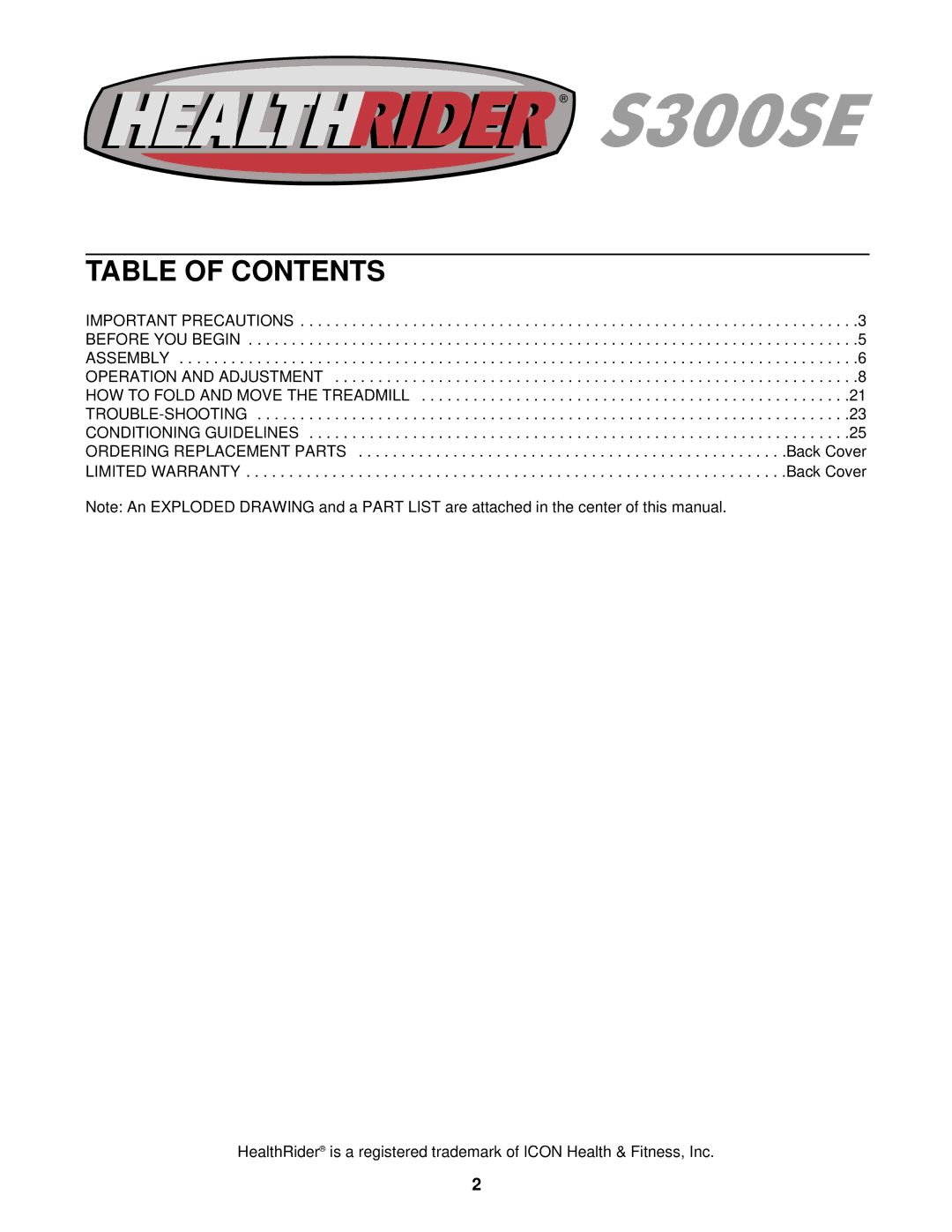 Healthrider HRTL08010 manual Table of Contents 