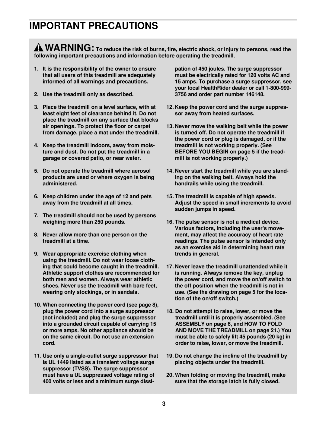 Healthrider HRTL08010 manual Important Precautions 