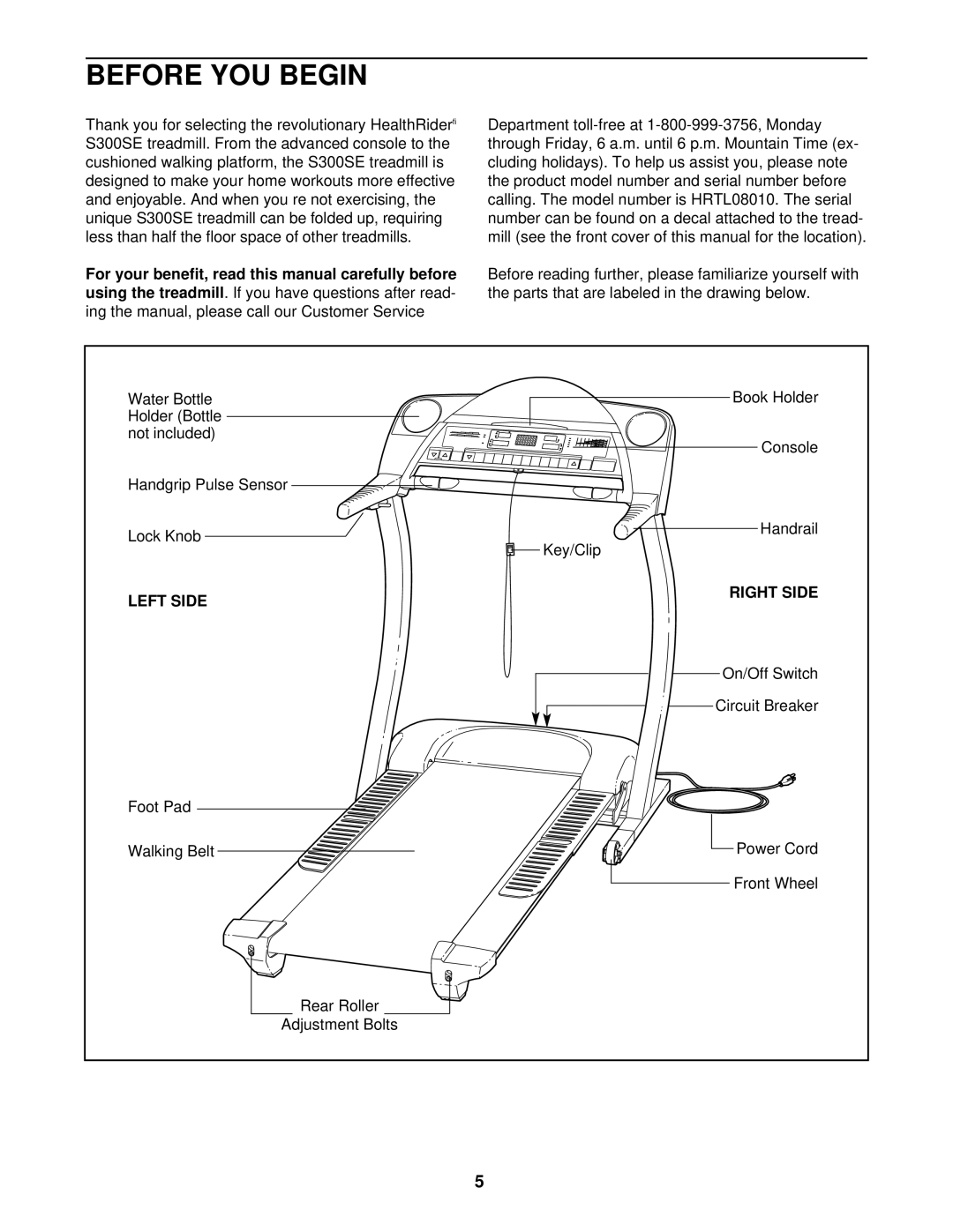 Healthrider HRTL08010 manual Before YOU Begin, Left Side Right Side 