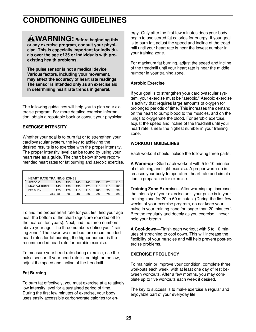 Healthrider HRTL08011 manual Conditioning Guidelines, Exercise Intensity, Workout Guidelines, Exercise Frequency 