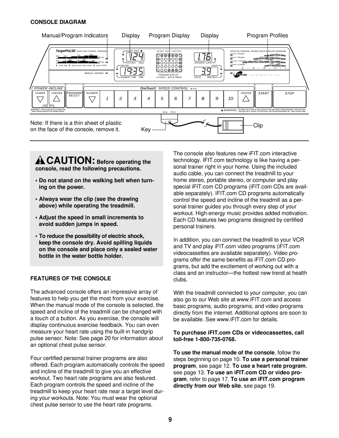 Healthrider HRTL08011 manual Console Diagram, Features of the Console 