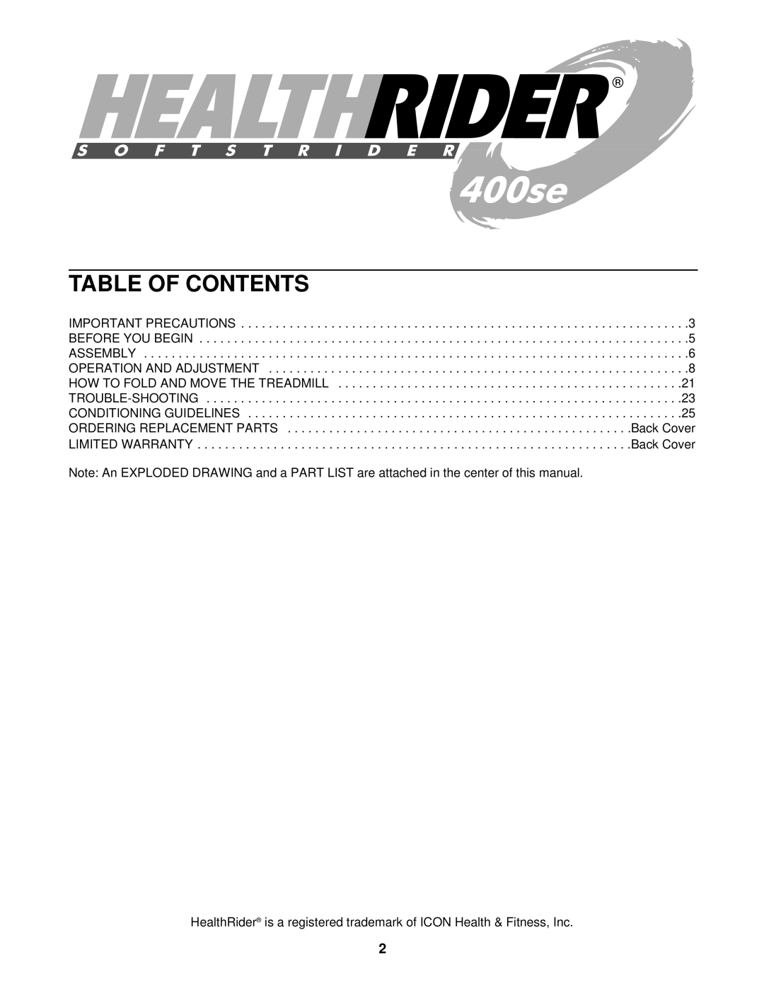 Healthrider HRTL08012 manual Table of Contents 