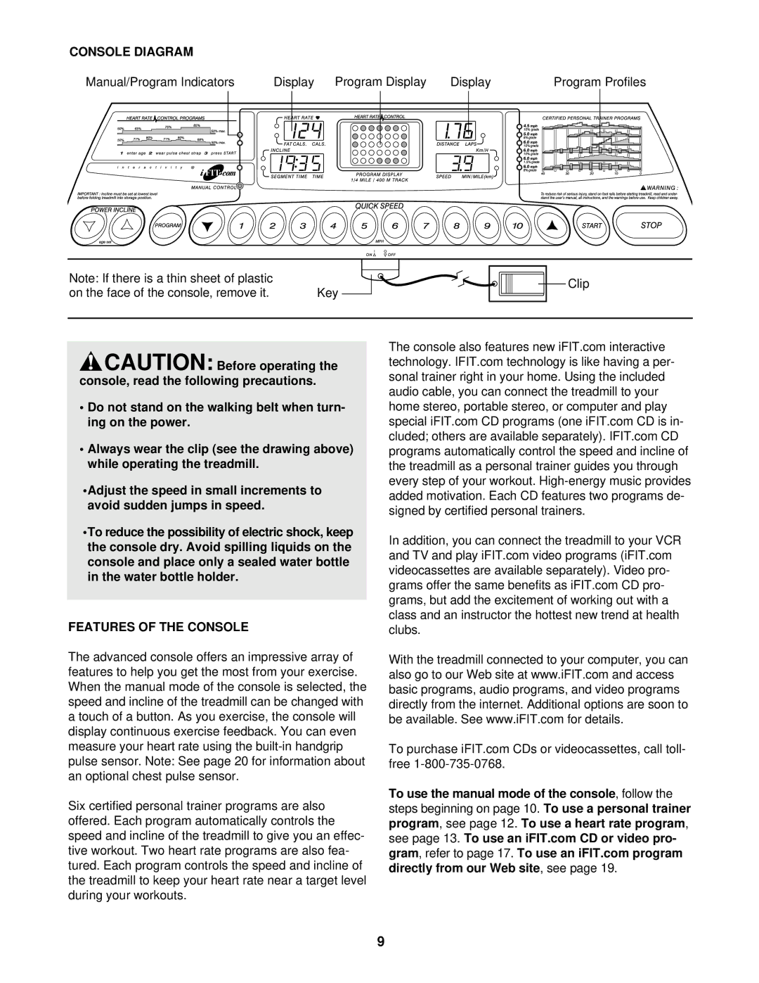 Healthrider HRTL08012 manual Console Diagram, Features of the Console 