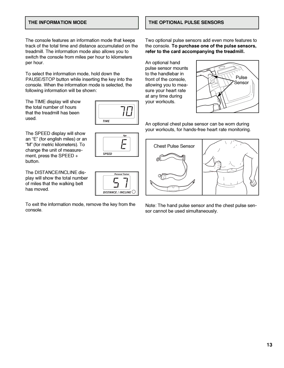 Healthrider HRTL08980 manual Information Mode, Optional Pulse Sensors 