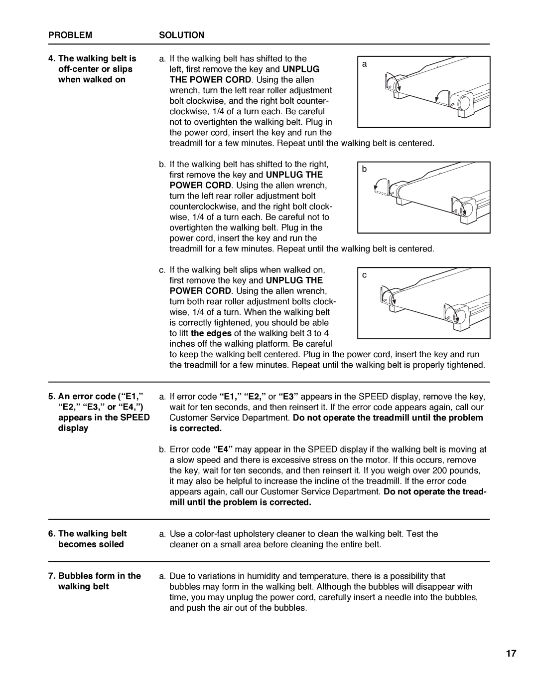 Healthrider HRTL08980 Walking belt is off-center or slips when walked on, Becomes soiled, Bubbles form in the walking belt 