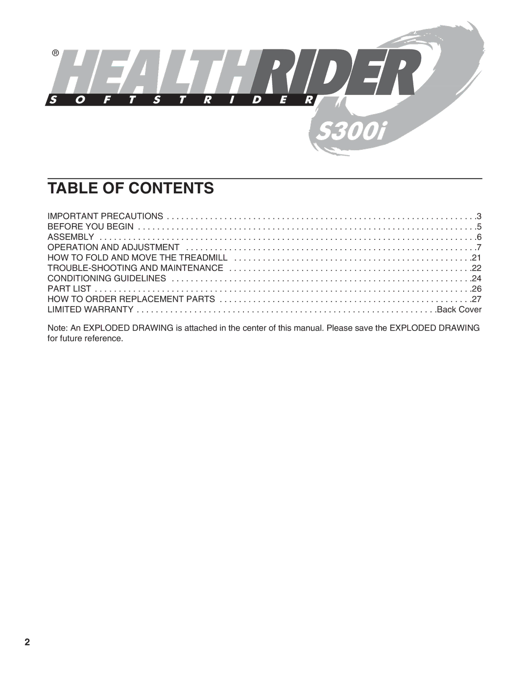 Healthrider HRTL09990 manual Table of Contents 