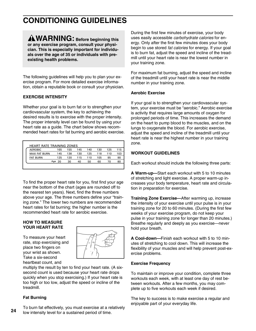 Healthrider HRTL09990 Conditioning Guidelines, Exercise Intensity, HOW to Measure Your Heart Rate, Workout Guidelines 