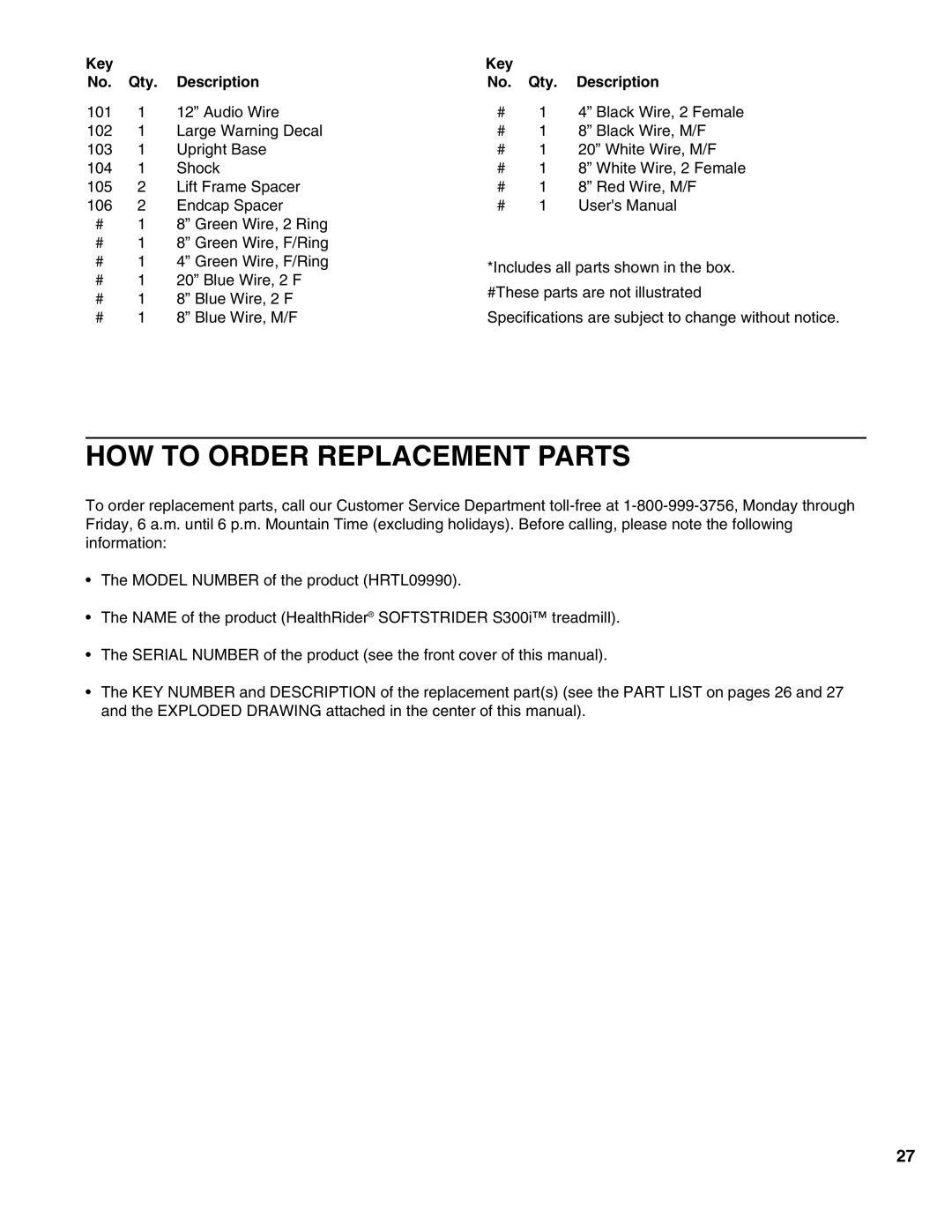 Healthrider HRTL09990 manual HOW to Order Replacement Parts 