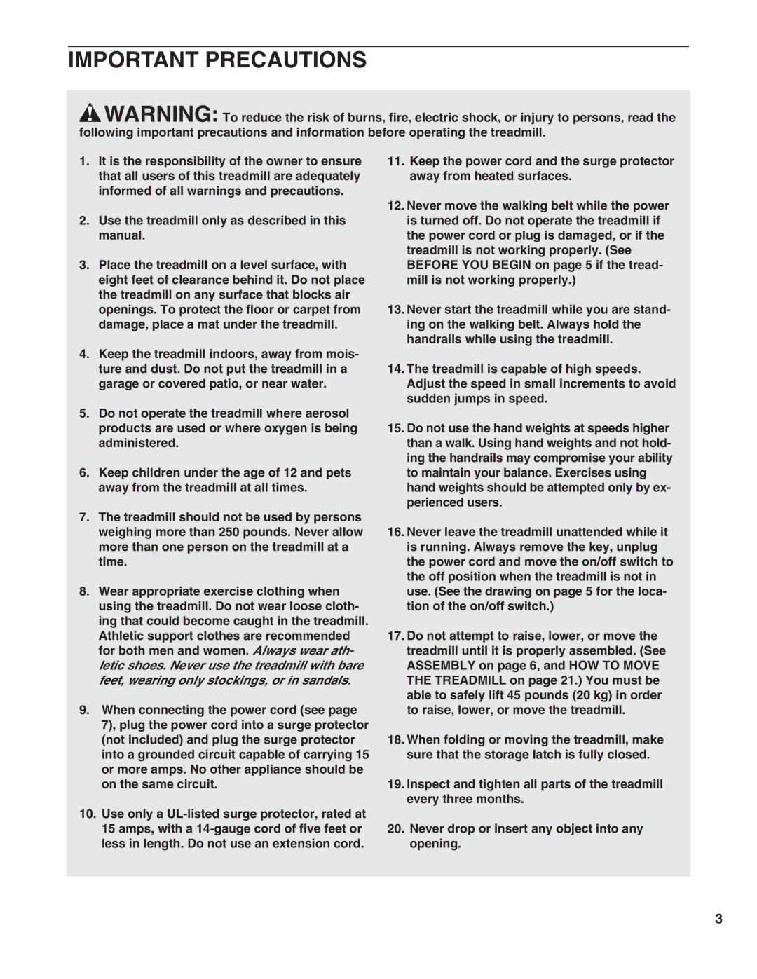 Healthrider HRTL09990 manual Important Precautions 