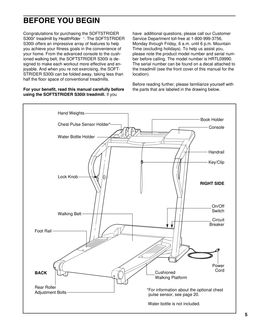 Healthrider HRTL09990 manual Before YOU Begin, Right Side, Back 