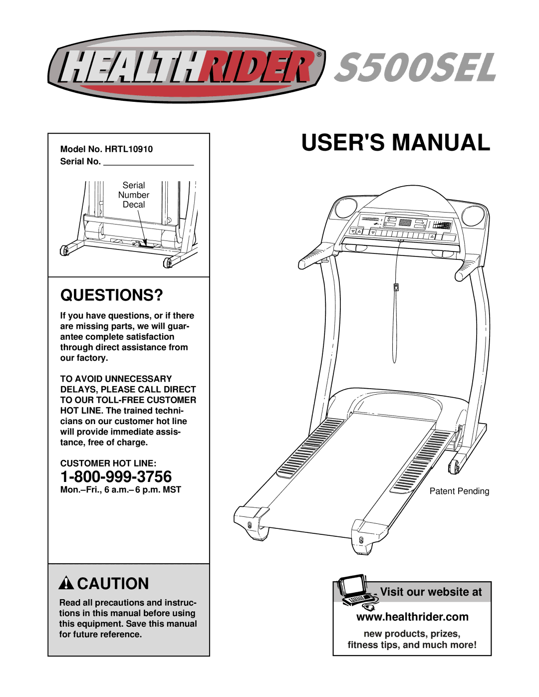 Healthrider manual Questions?, Model No. HRTL10910 Serial No, Customer HOT Line 