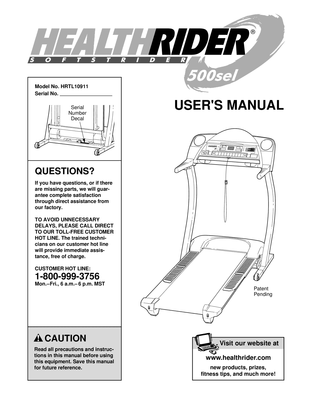 Healthrider manual Questions?, Model No. HRTL10911 Serial No, Customer HOT Line 