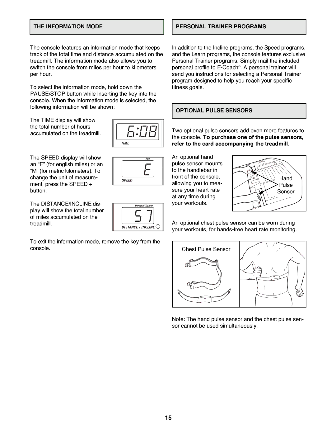 Healthrider HRTL10980 manual Information Mode Personal Trainer Programs, Optional Pulse Sensors 