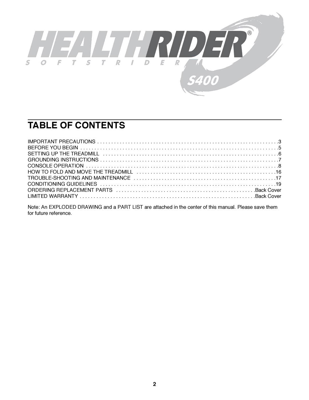 Healthrider HRTL10980 manual Table of Contents 