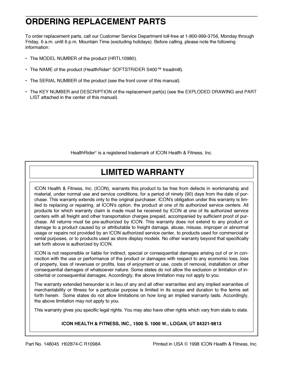 Healthrider HRTL10980 Ordering Replacement Parts, Limited Warranty, Icon Health & FITNESS, INC., 1500 S W., LOGAN, UT 