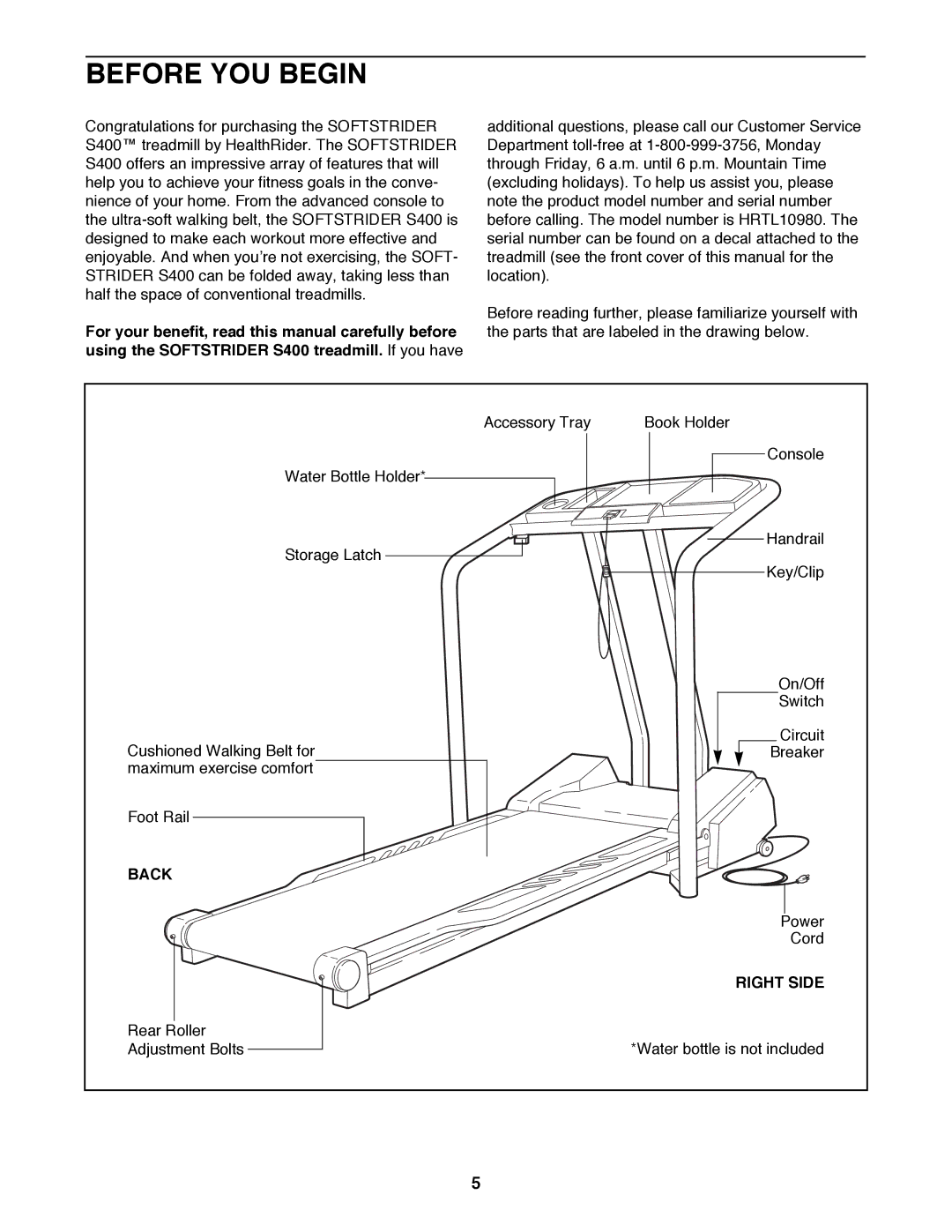 Healthrider HRTL10980 manual Before YOU Begin, Back, Right Side 