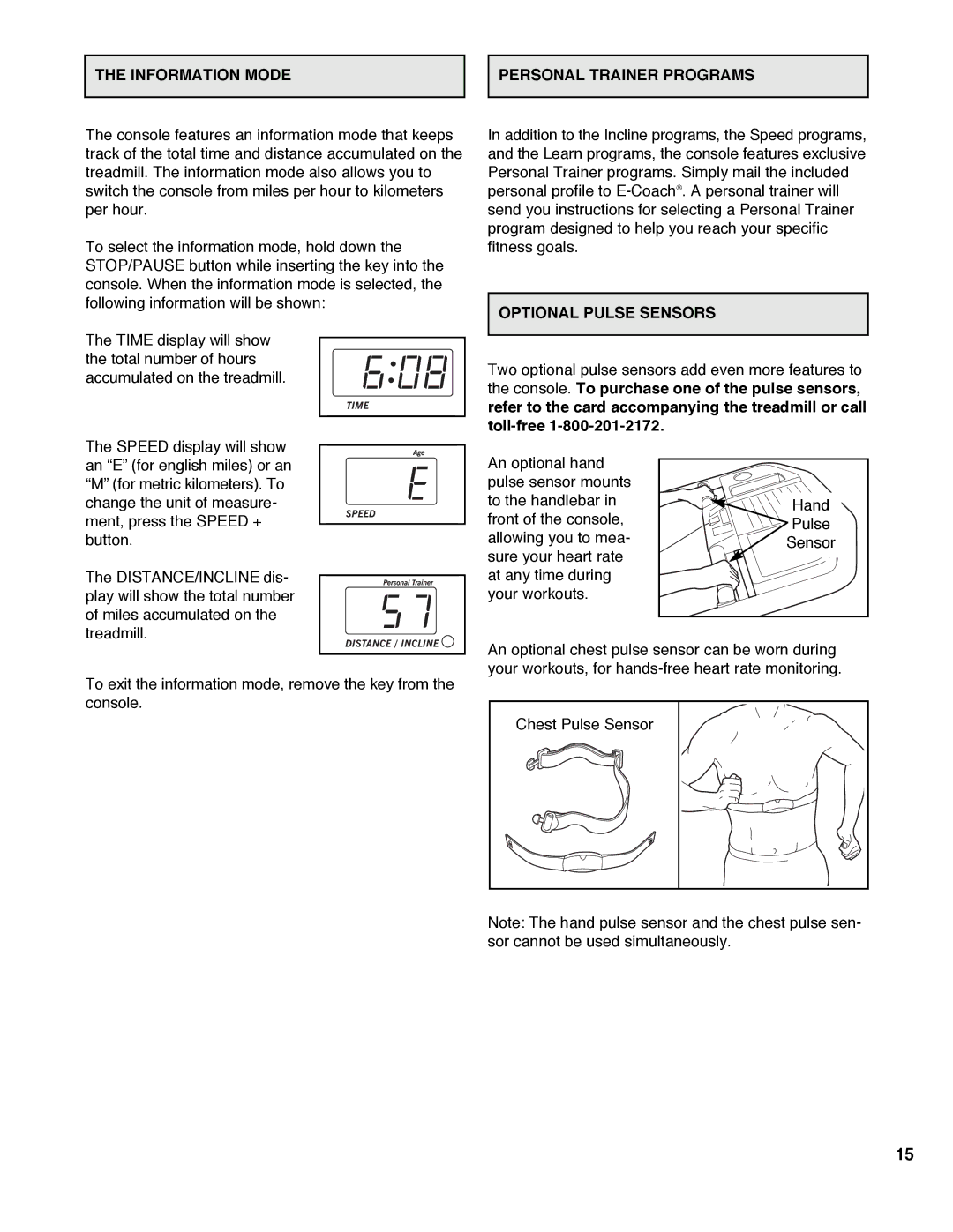 Healthrider HRTL10982 manual Information Mode Personal Trainer Programs, Optional Pulse Sensors 