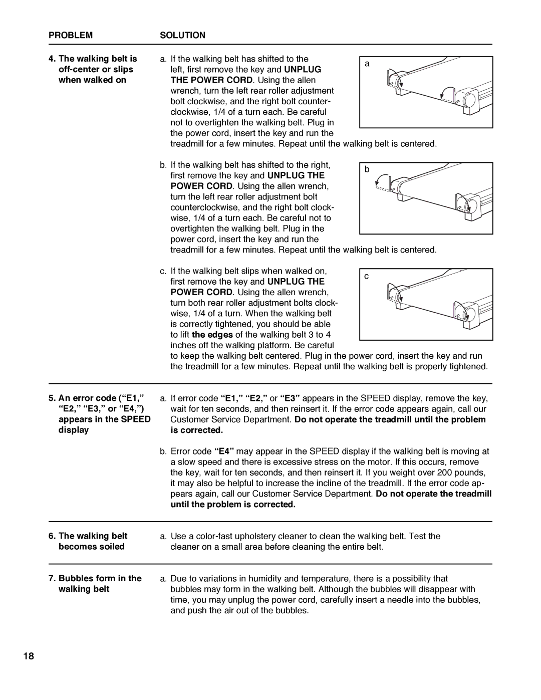 Healthrider HRTL10982 Walking belt is off-center or slips when walked on, Becomes soiled, Bubbles form in the walking belt 