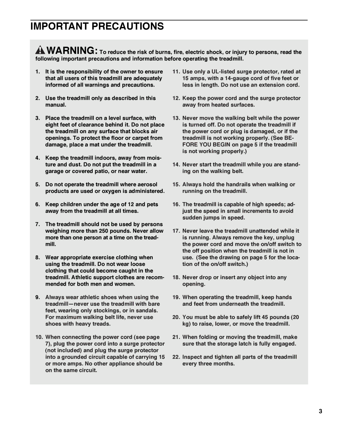 Healthrider HRTL10982 manual Important Precautions 