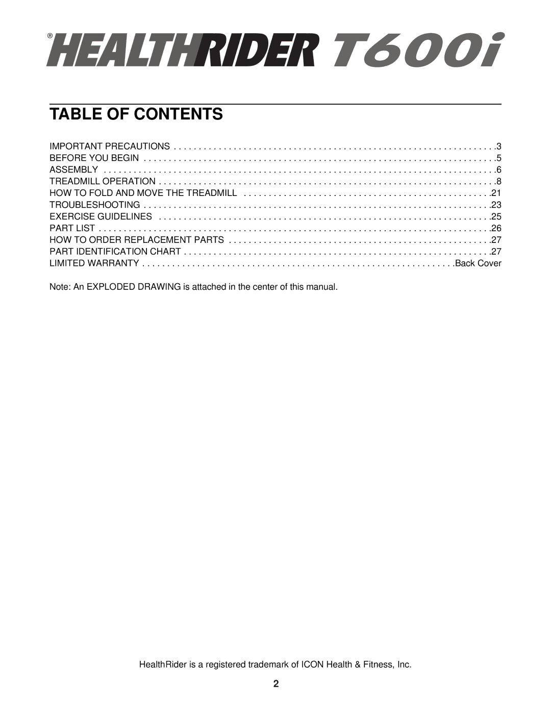 Healthrider HRTL11940 manual Table of Contents 