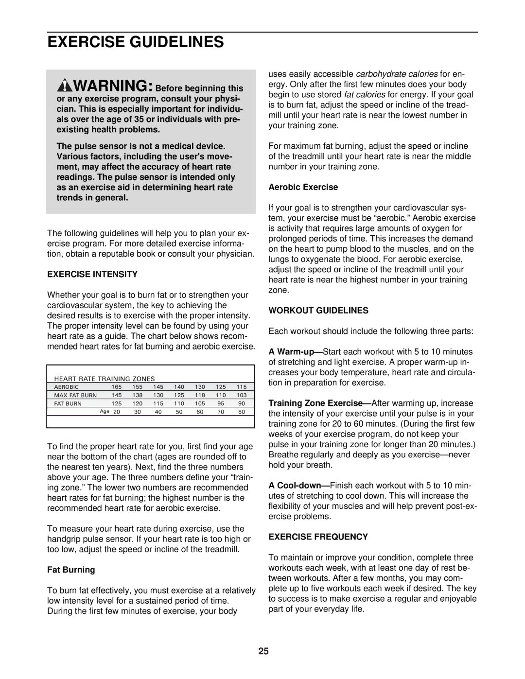 Healthrider HRTL11940 manual Exercise Guidelines, Exercise Intensity, Workout Guidelines, Exercise Frequency 