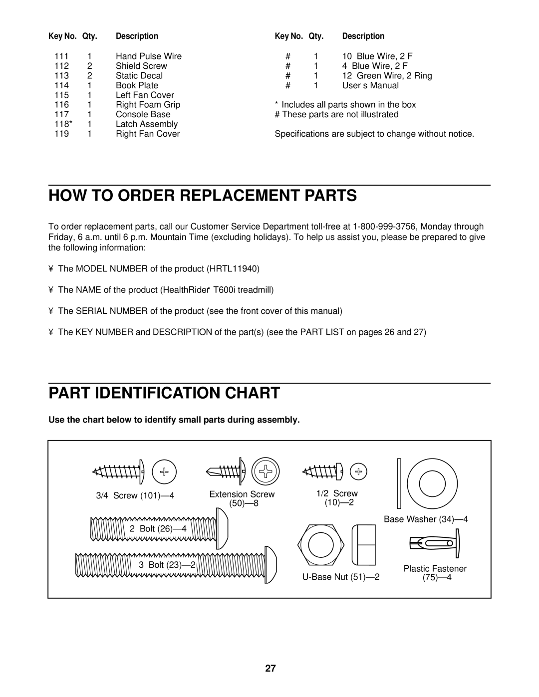 Healthrider HRTL11940 manual HOW to Order Replacement Parts, Part Identification Chart 