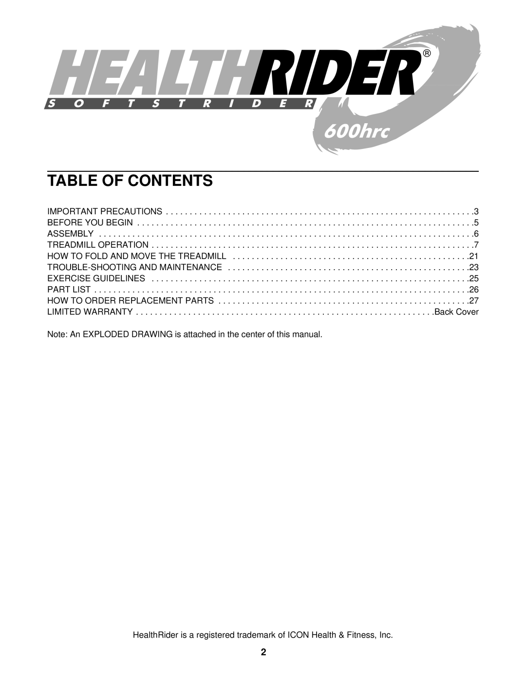 Healthrider HRTL12910 manual Table of Contents 