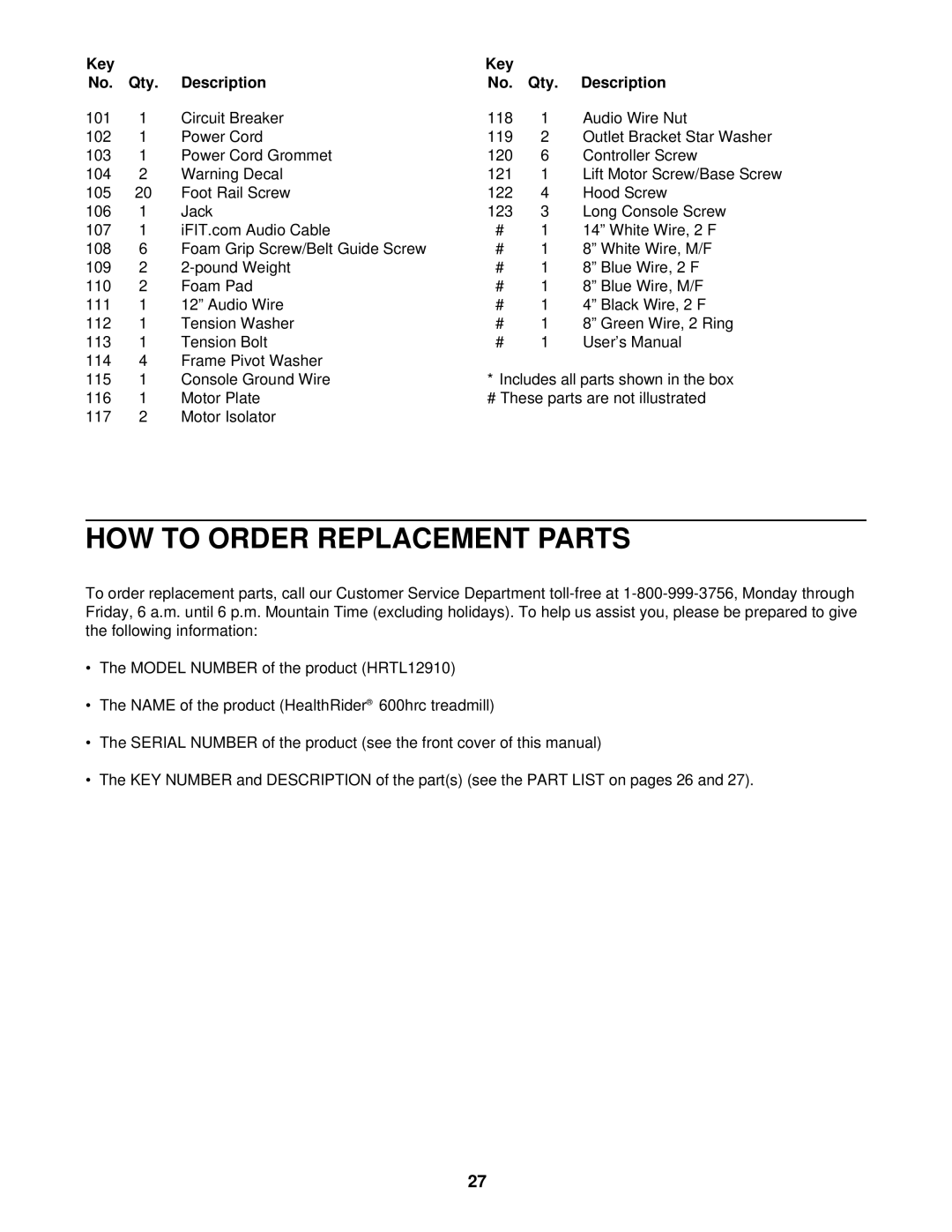 Healthrider HRTL12910 manual HOW to Order Replacement Parts 