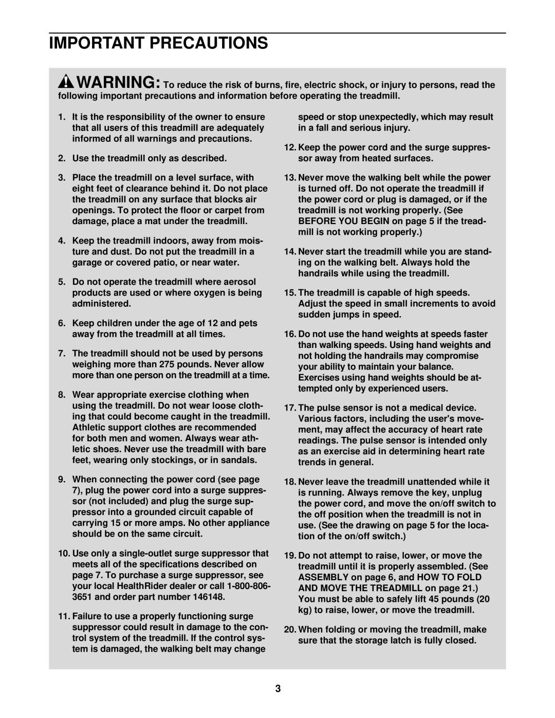 Healthrider HRTL12910 manual Important Precautions 