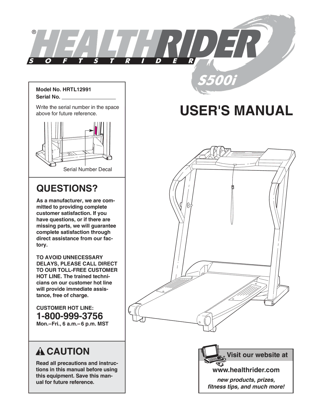 Healthrider manual Questions?, Model No. HRTL12991 Serial No, Customer HOT Line 