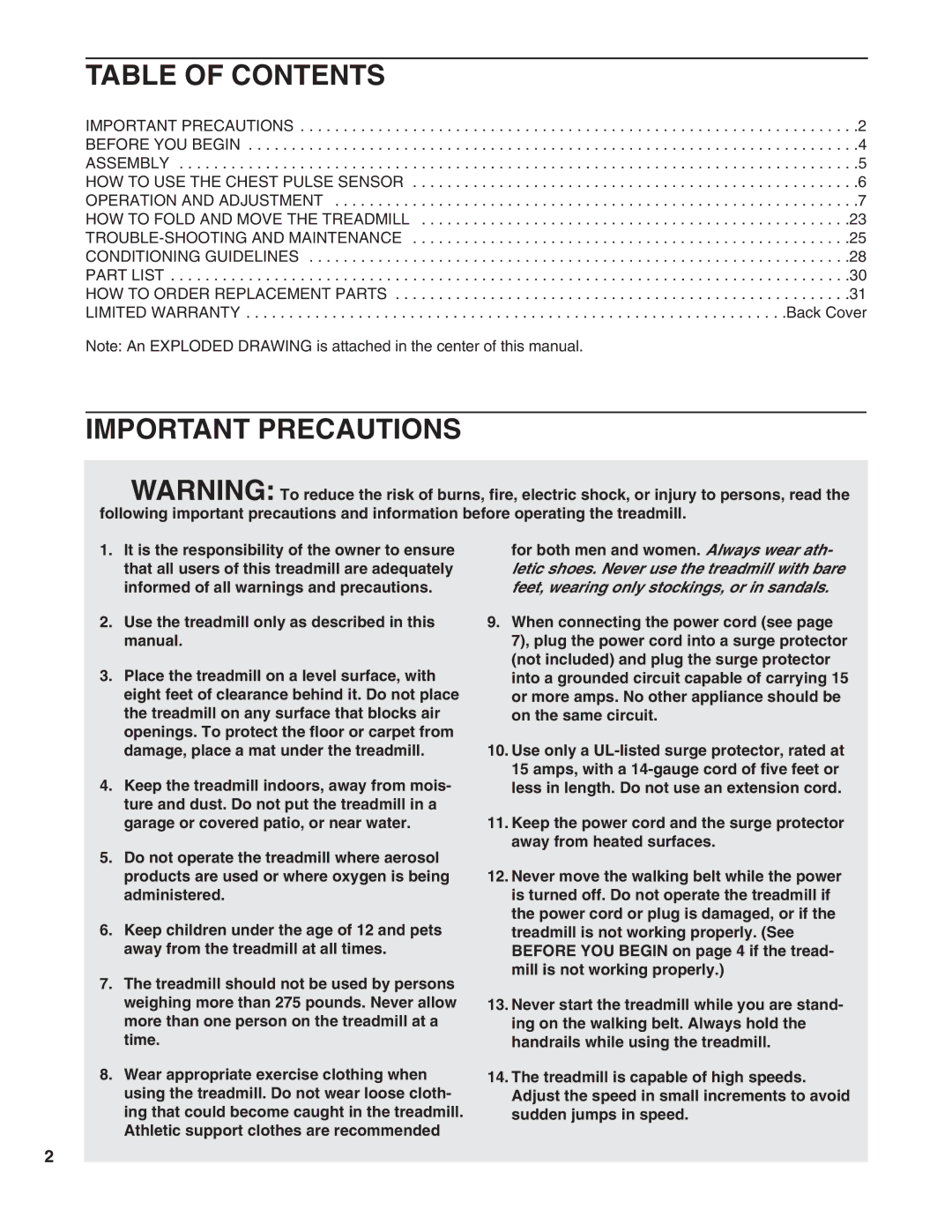 Healthrider HRTL1299 manual Table of Contents, Important Precautions 