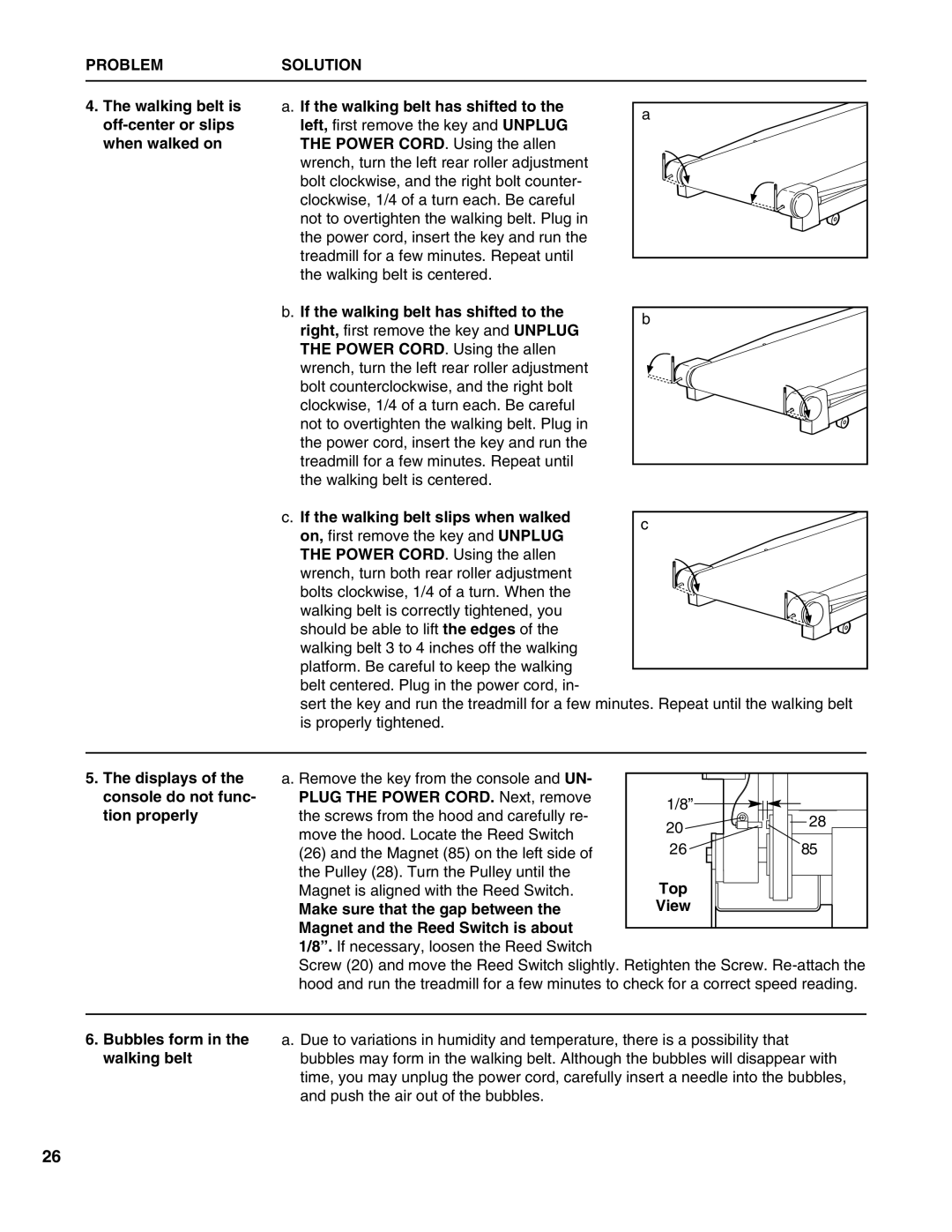 Healthrider HRTL1299 manual Displays, Bubbles form in the walking belt 