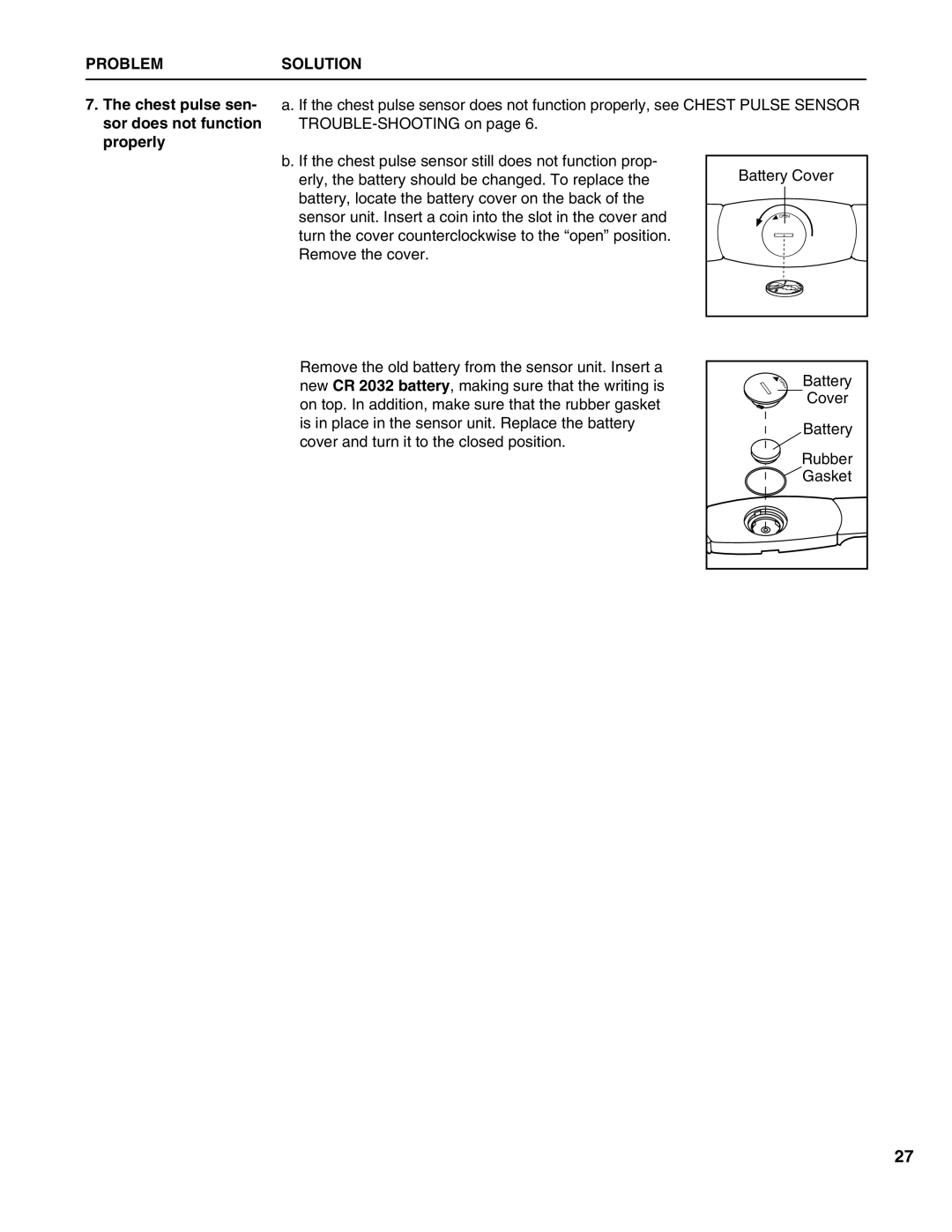 Healthrider HRTL1299 manual Chest pulse sen- sor does not function properly 